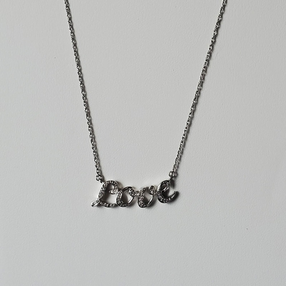 Sterling Silver 1/10 CTTW Diamond Love Script Pendant Necklace 17 Inch Chain